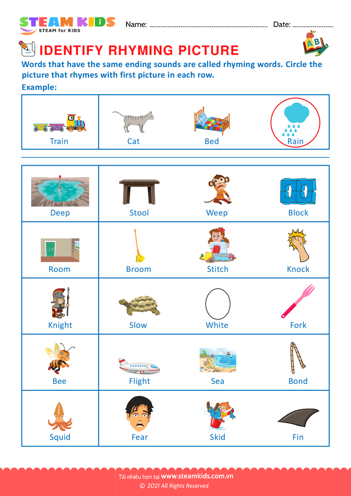 Bài tập tiếng anh - Identify Rhuming picture - B8