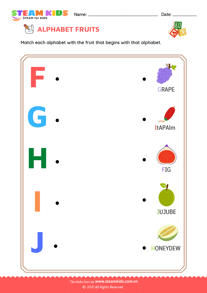 Bài tập tiếng anh - Match Alphabet Fruits a to j