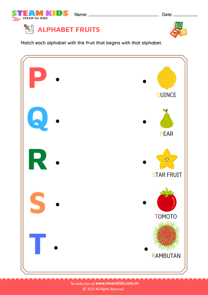 Bài tập tiếng anh - Match Alphabet Fruits a to t
