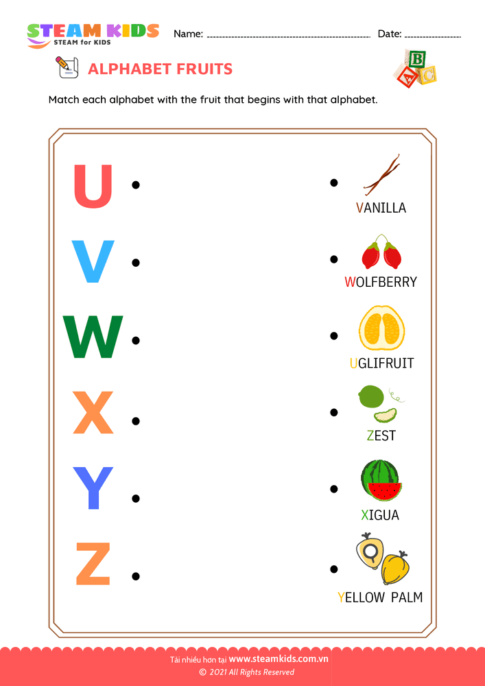 Bài tập tiếng anh - Match Alphabet Fruits a to z