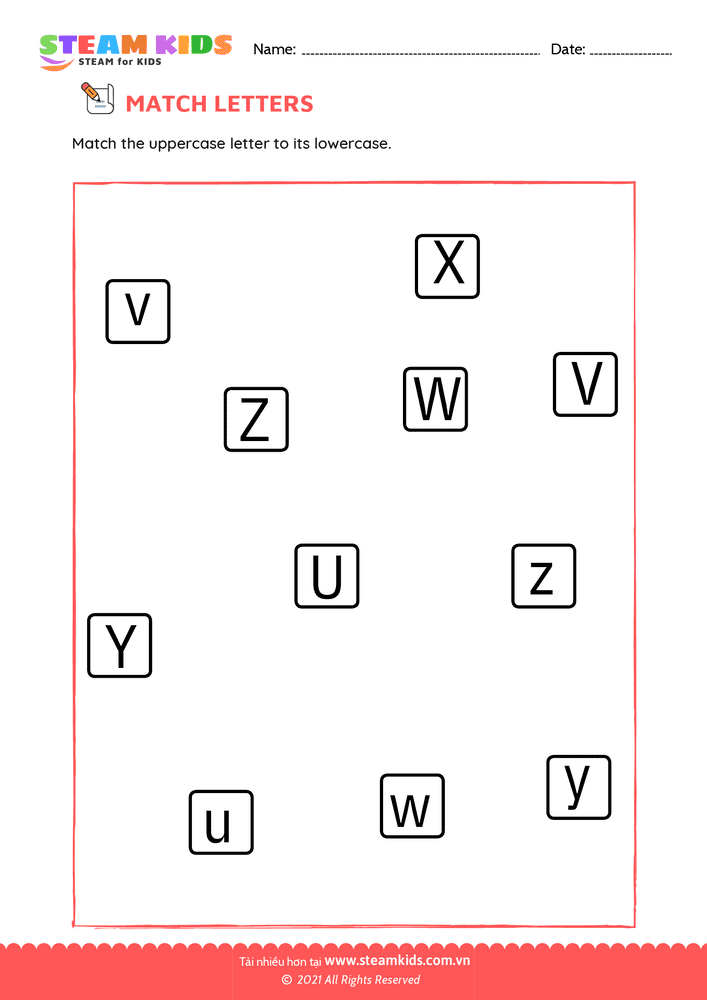 Bài tập tiếng anh - Match upper and lowercase letters u to z