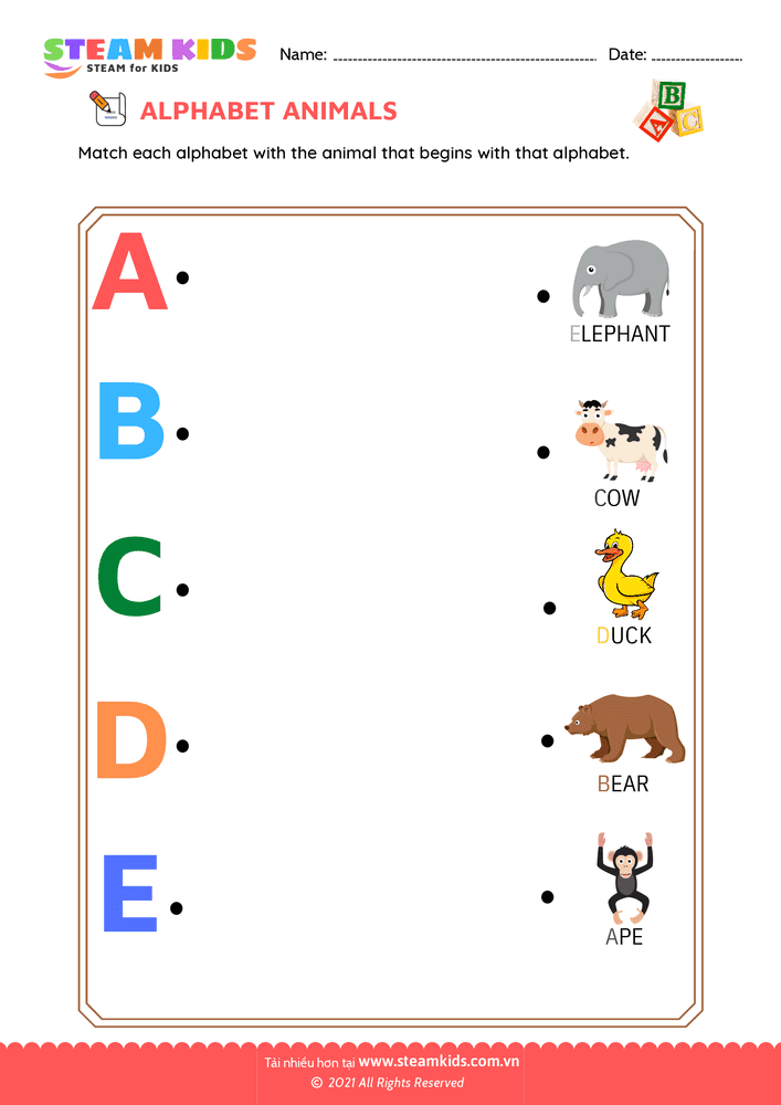 Bài tập tiếng anh - Match Alphabet Animals a to e