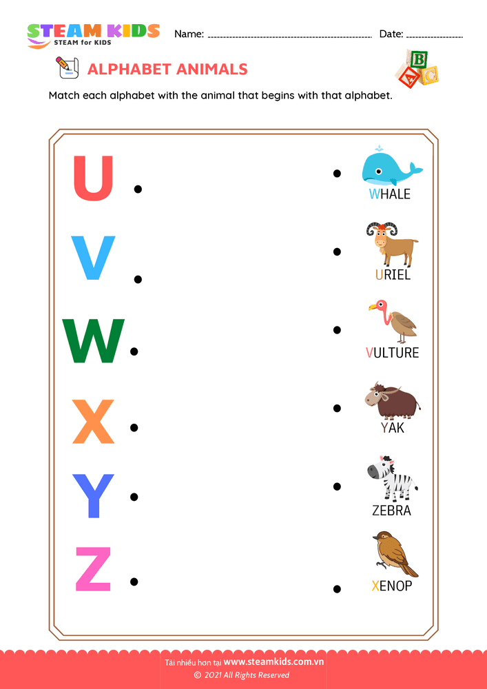 Bài tập tiếng anh - Match Alphabet Animals a to z - STEAM KIDS