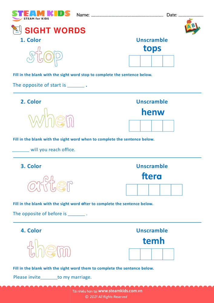 Bài tập tiếng anh - Sight Words - B1