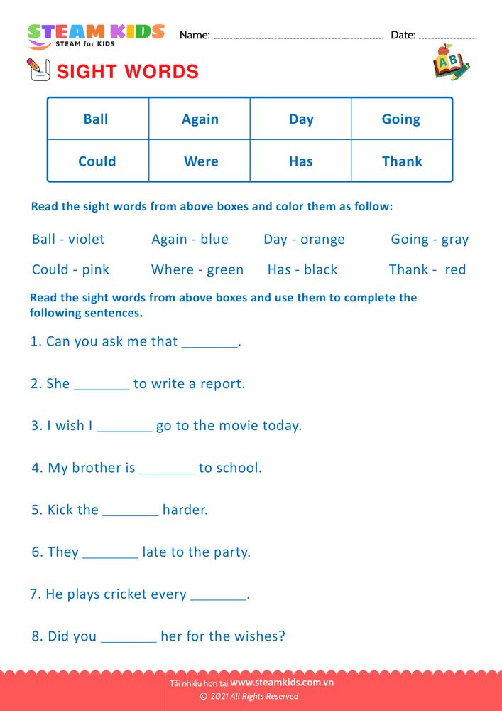 Bài tập tiếng anh - Sight Words - B2