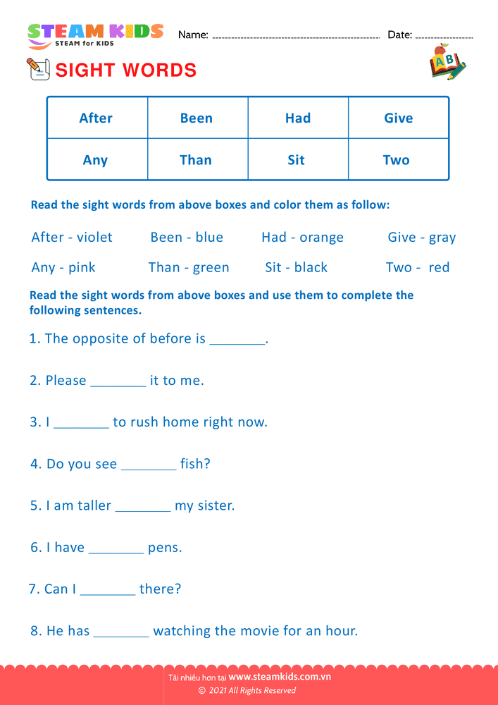 Bài tập tiếng anh - Sight Words - B7