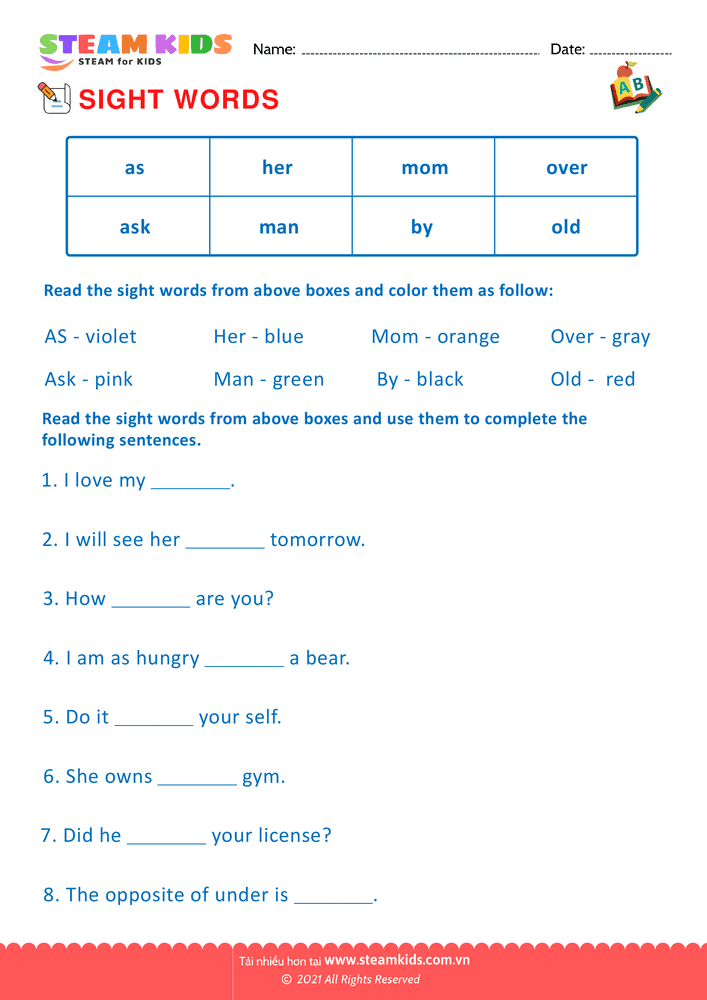 Bài tập tiếng anh - Sight Words - B8