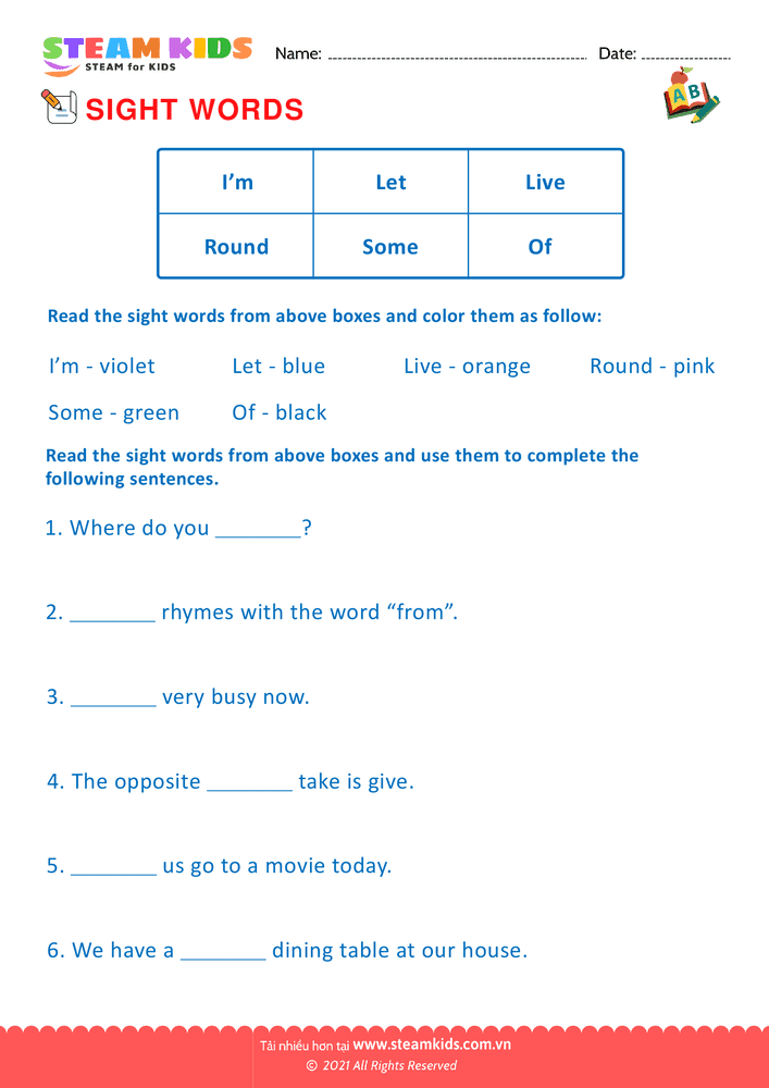 Bài tập tiếng anh - Sight Words - B9