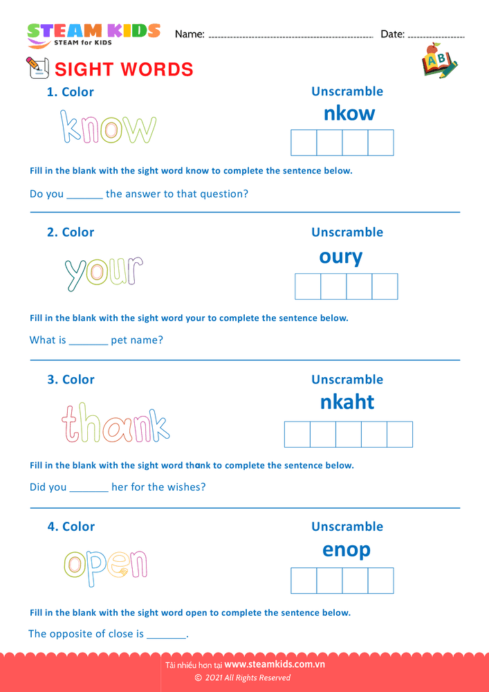 Bài tập tiếng anh - Sight Words - B16
