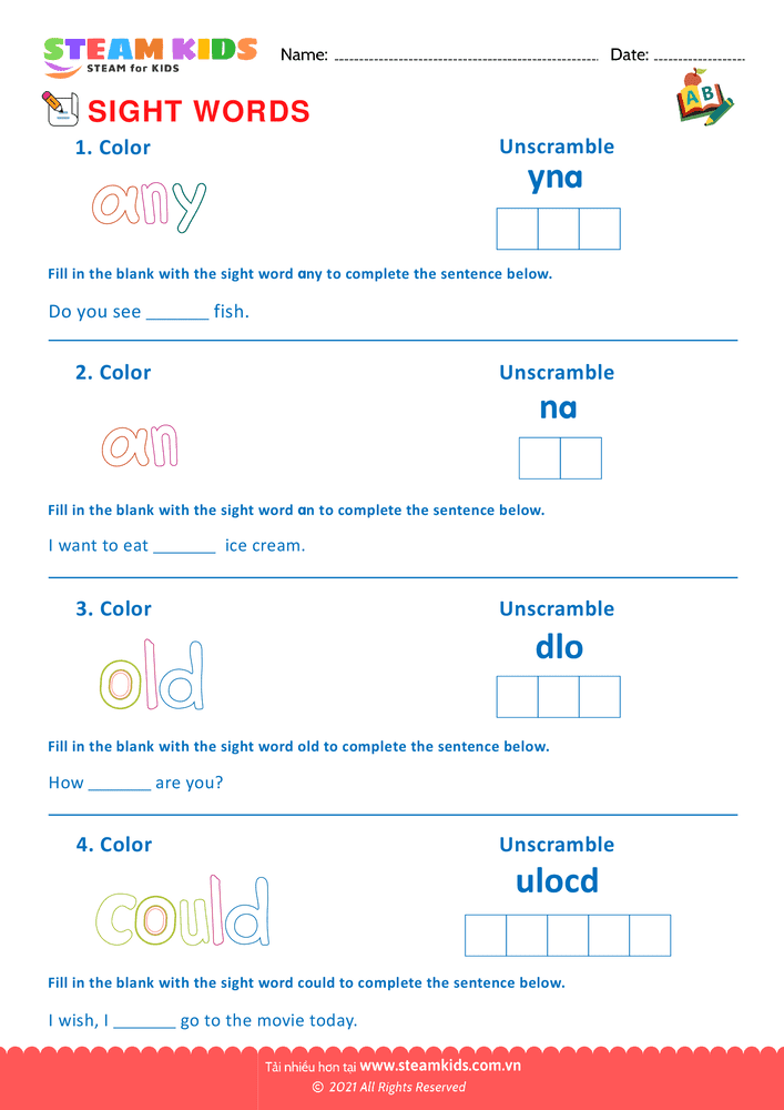 Bài tập tiếng anh - Sight Words - B19