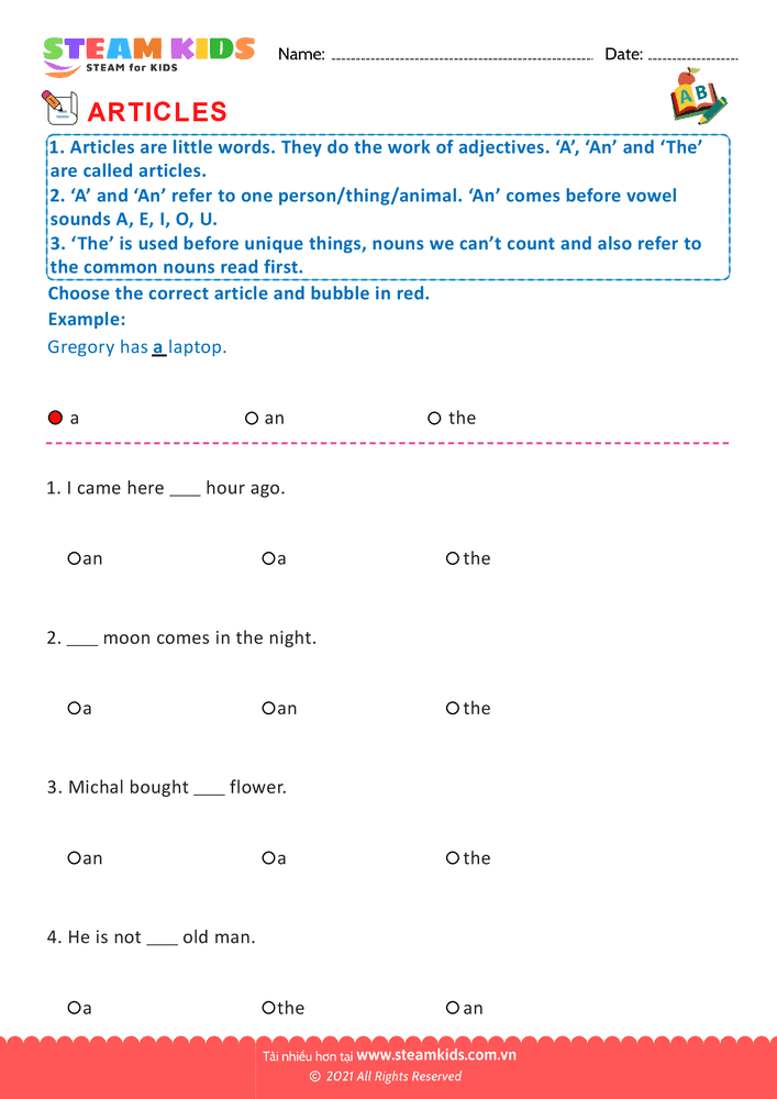 Bài tập tiếng anh - Articles - B1