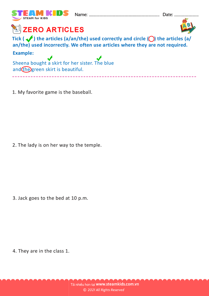 Bài tập tiếng anh - Zero Articles