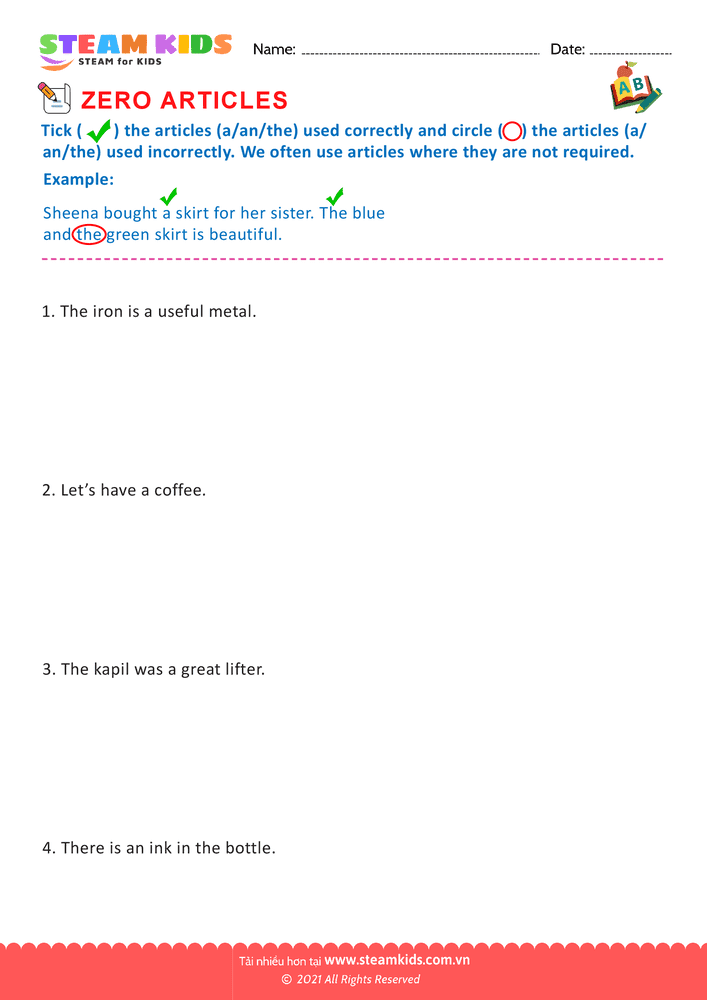 Bài tập tiếng anh - Zero Articles