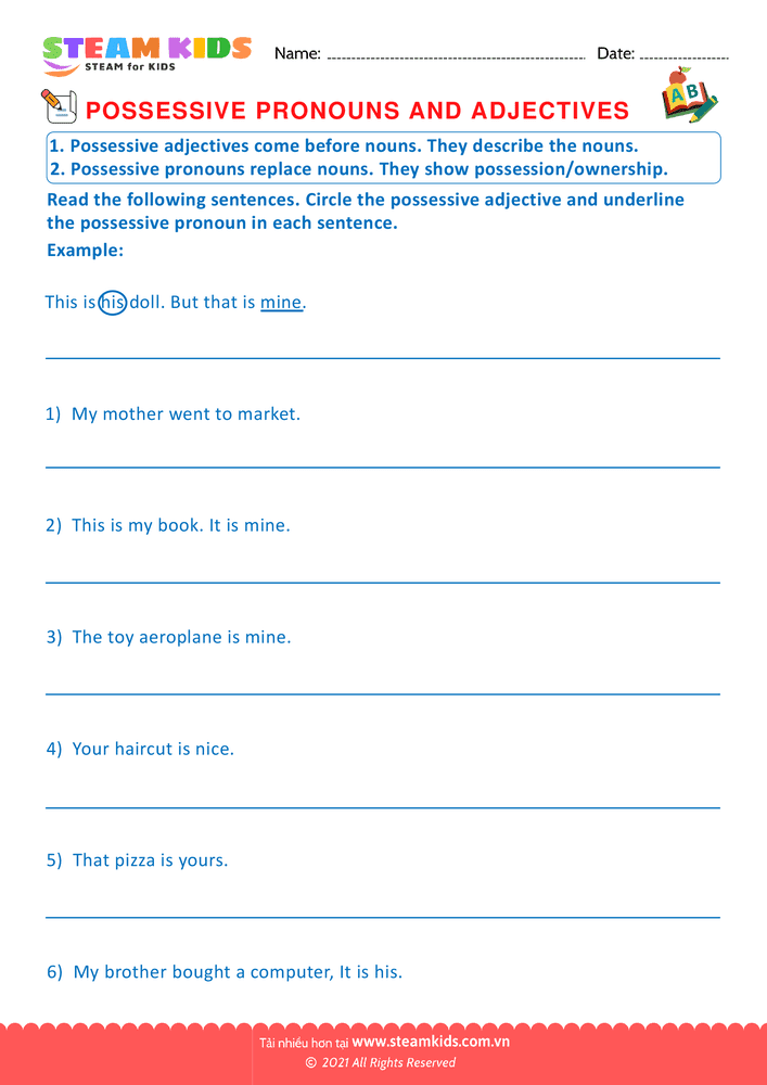 Bài tập tiếng anh - Possessive pronounsc - B18