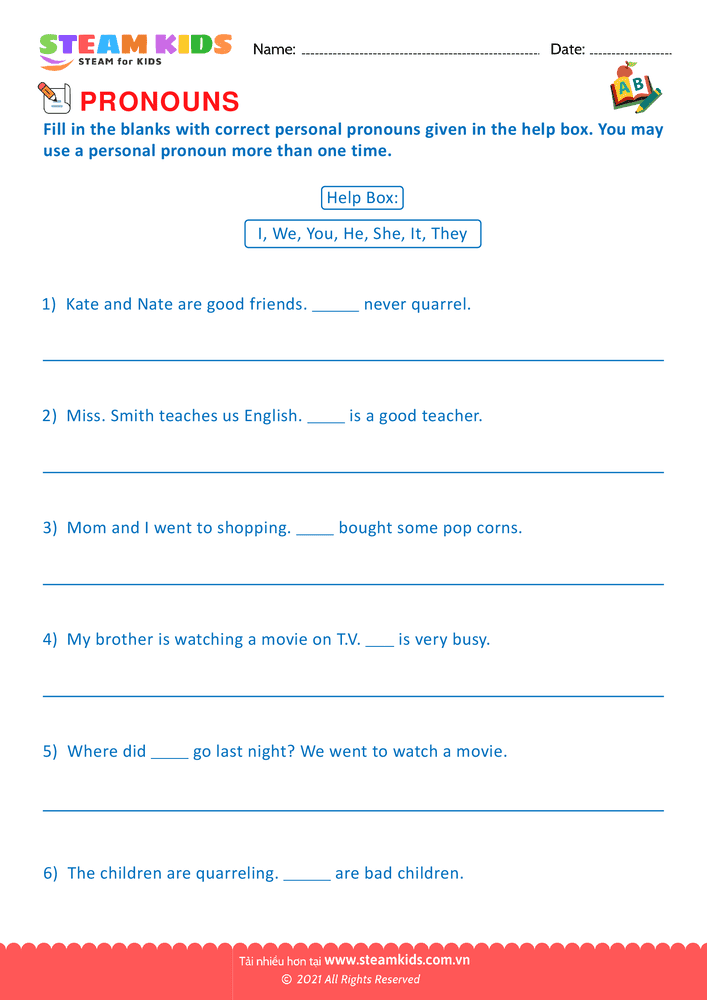 Bài tập tiếng anh - Identify Pronouns - B7