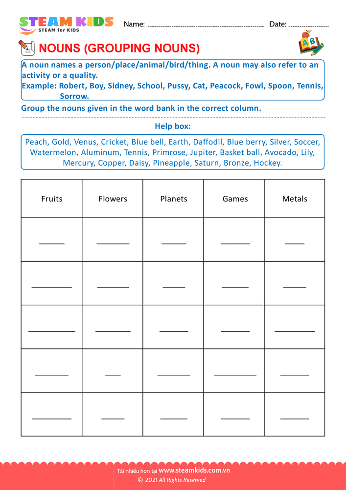 Bài tập tiếng anh - Grouping nouns - B13