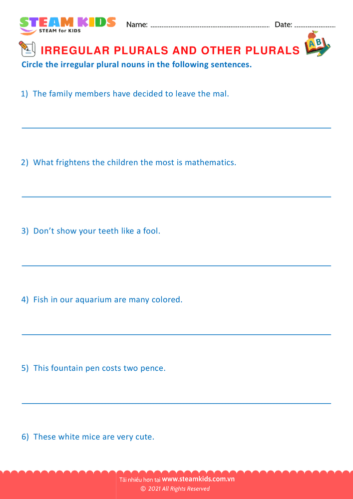 Bài tập tiếng anh - Irregular plurals - B5