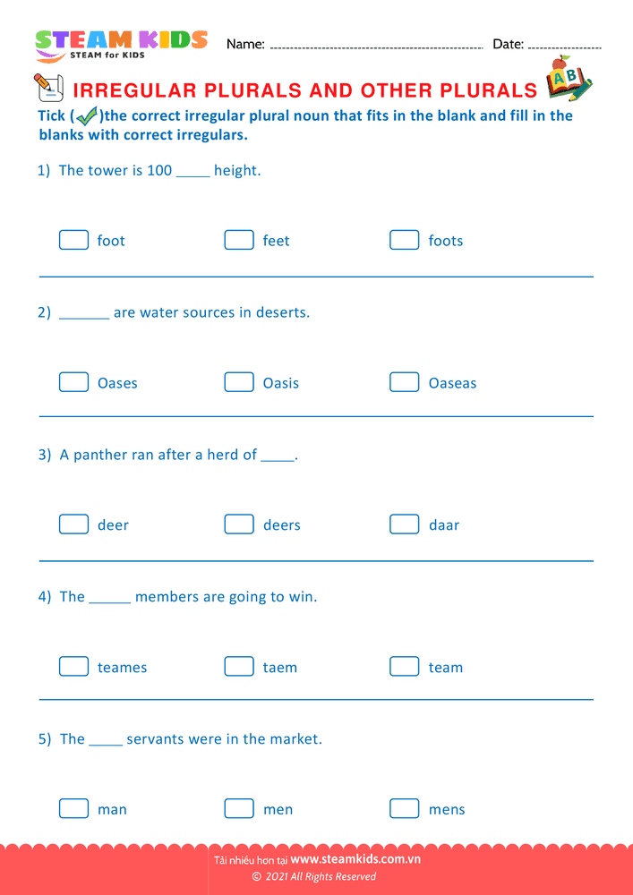 Bài tập tiếng anh - Irregular plurals - B7