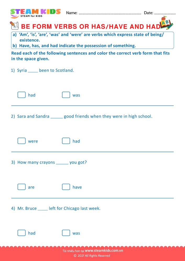 Bài tập tiếng anh - Use of has and have - B19