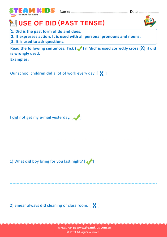 Bài tập tiếng anh - Do, does and did - B5