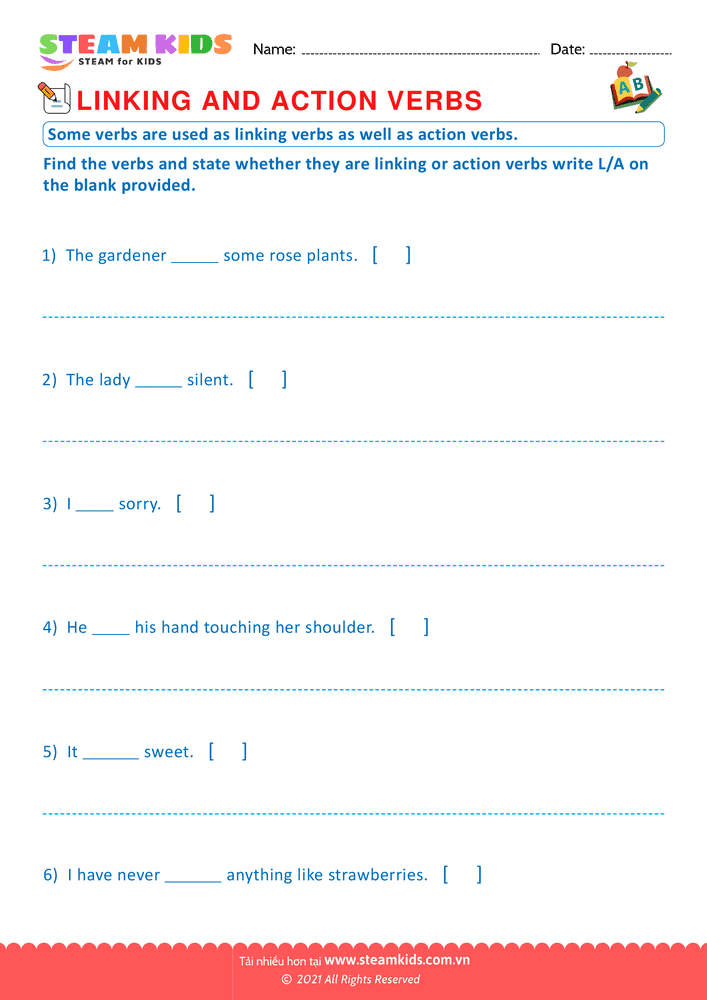 Bài tập tiếng anh - Linking and action verbs - B17