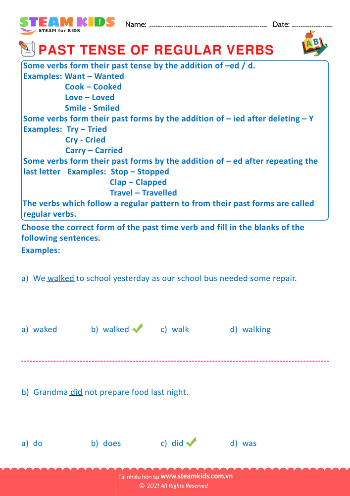 Bài tập tiếng anh - Past tense of regular verbs - B4