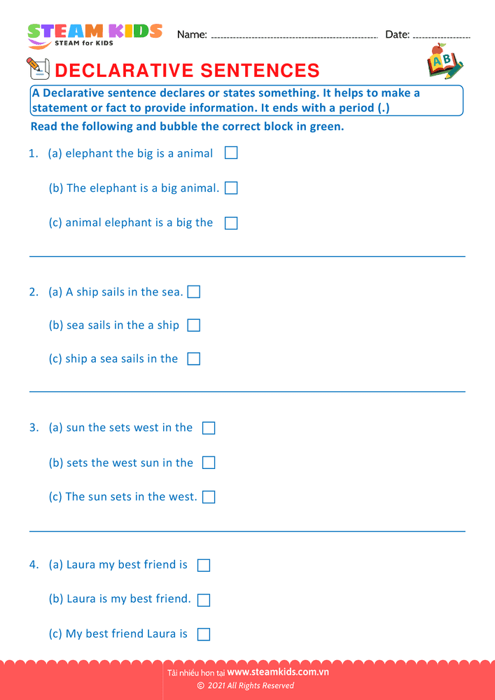 Bài tập tiếng anh - Declarative sentence - B2