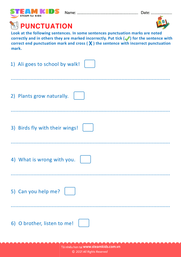 Bài tập tiếng anh - End Punctuation marks - B7