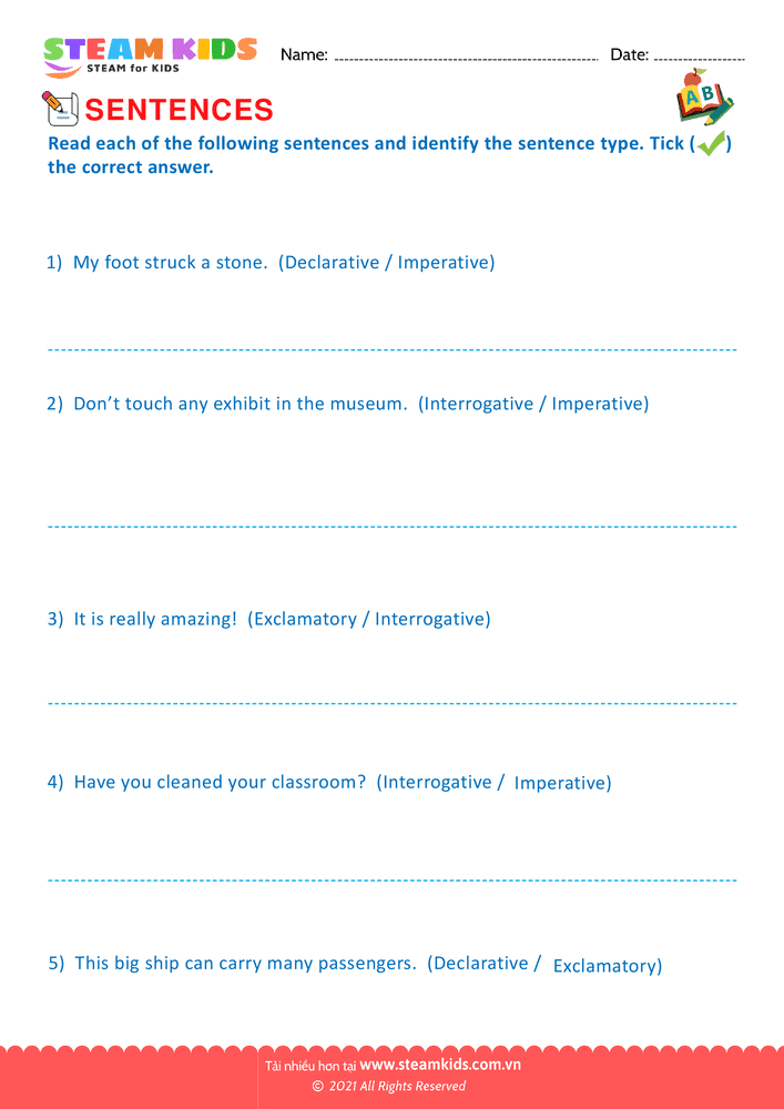 Bài tập tiếng anh - Indentify the sentence type - B4