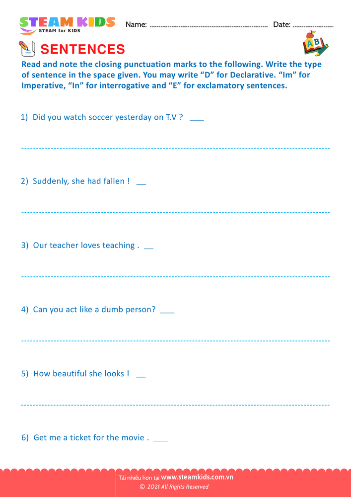 Bài tập tiếng anh - Punctuate & identify sentences - B2