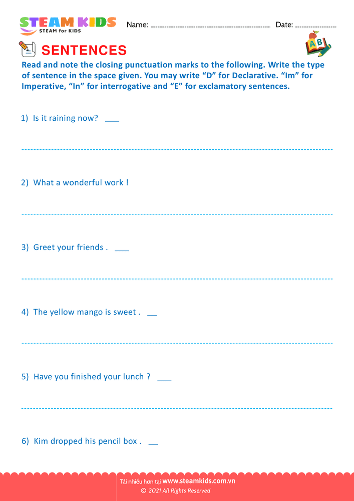 Bài tập tiếng anh - Punctuate & identify sentences - B3
