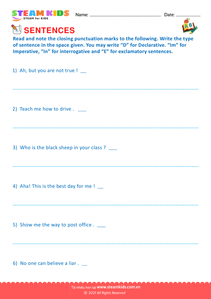 Bài tập tiếng anh - Punctuate & identify sentences - B14