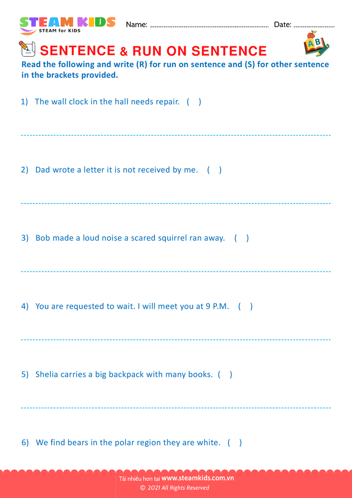 Bài tập tiếng anh - Sentence & Run on sentence - B3