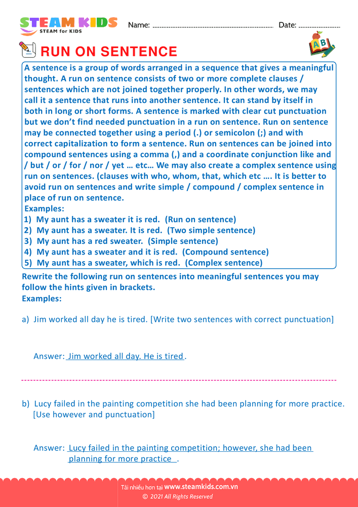 Bài tập tiếng anh - Sentence & Run on sentence - B4