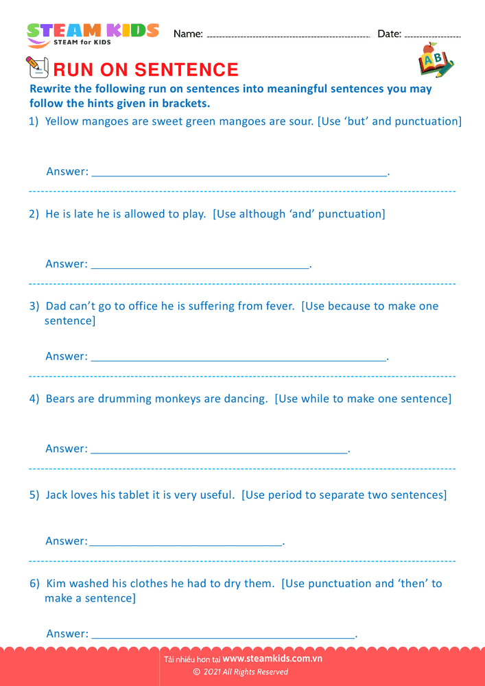 Bài tập tiếng anh - Sentence & Run on sentence - B6