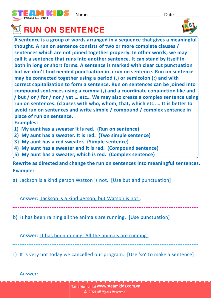 Bài tập tiếng anh - Sentence & Run on sentence - B7