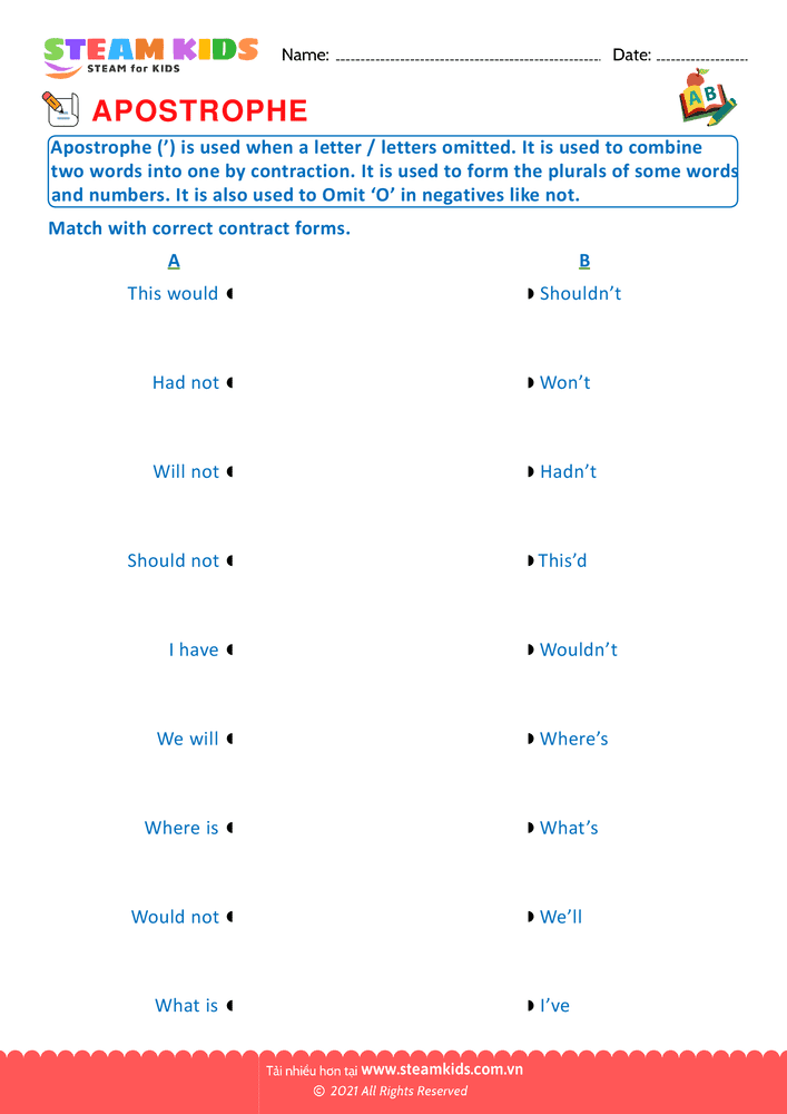 Bài tập tiếng anh - Apostrophe - B13