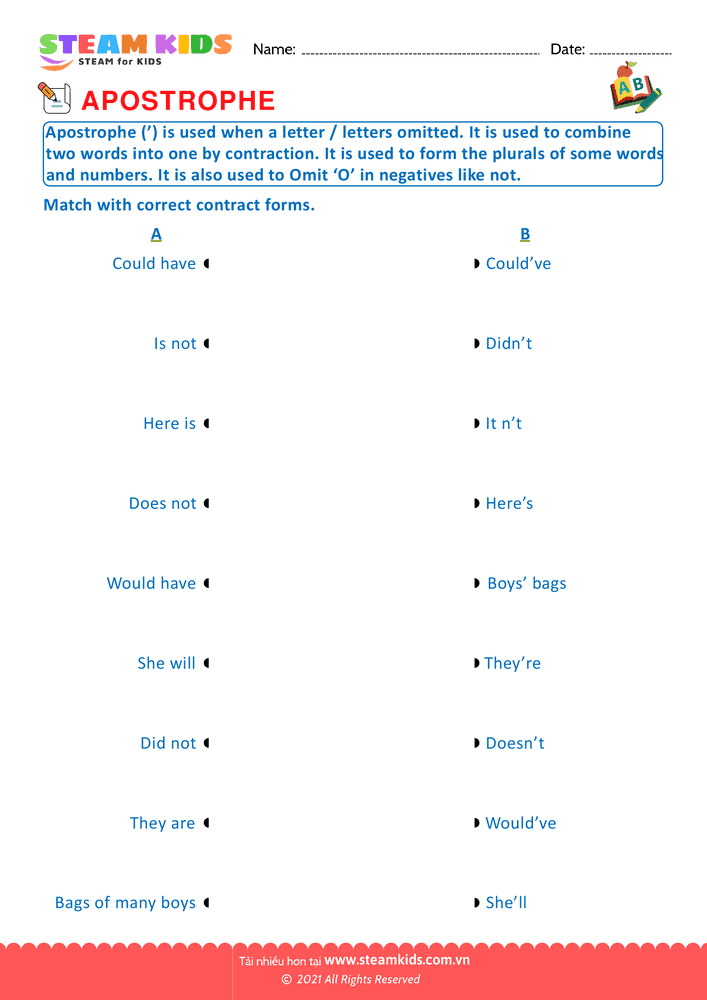 Bài tập tiếng anh - Apostrophe - B14