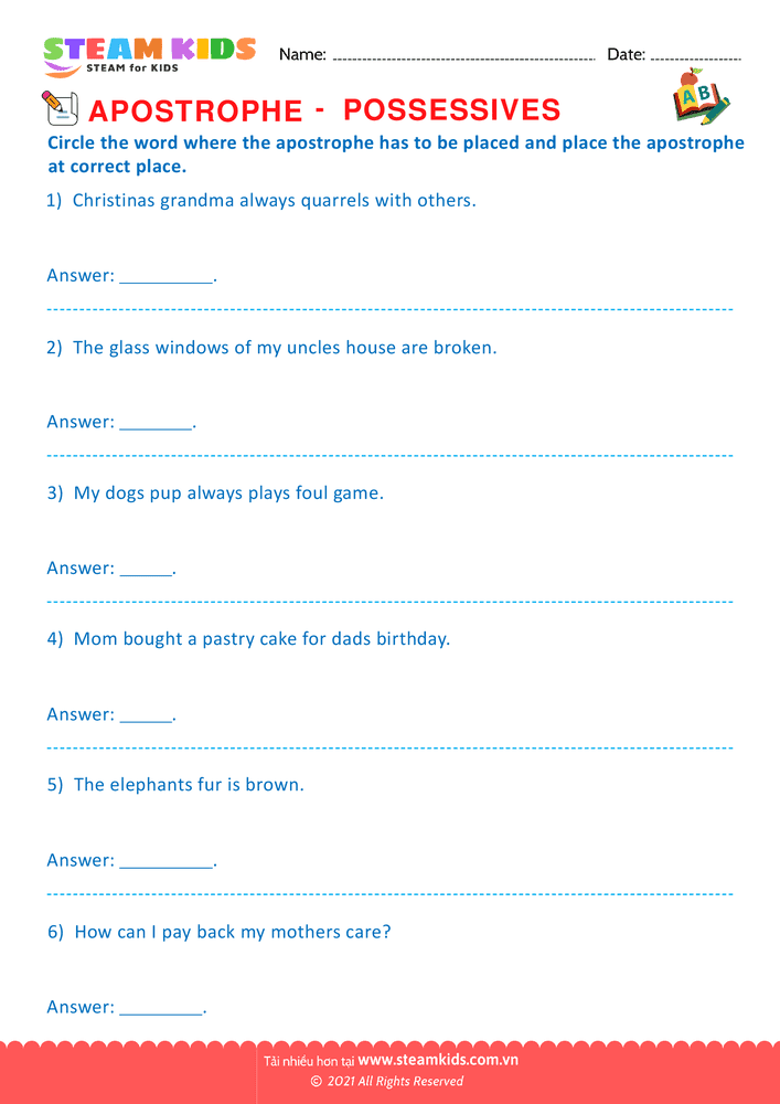 Bài tập tiếng anh - Apostrophe - B16