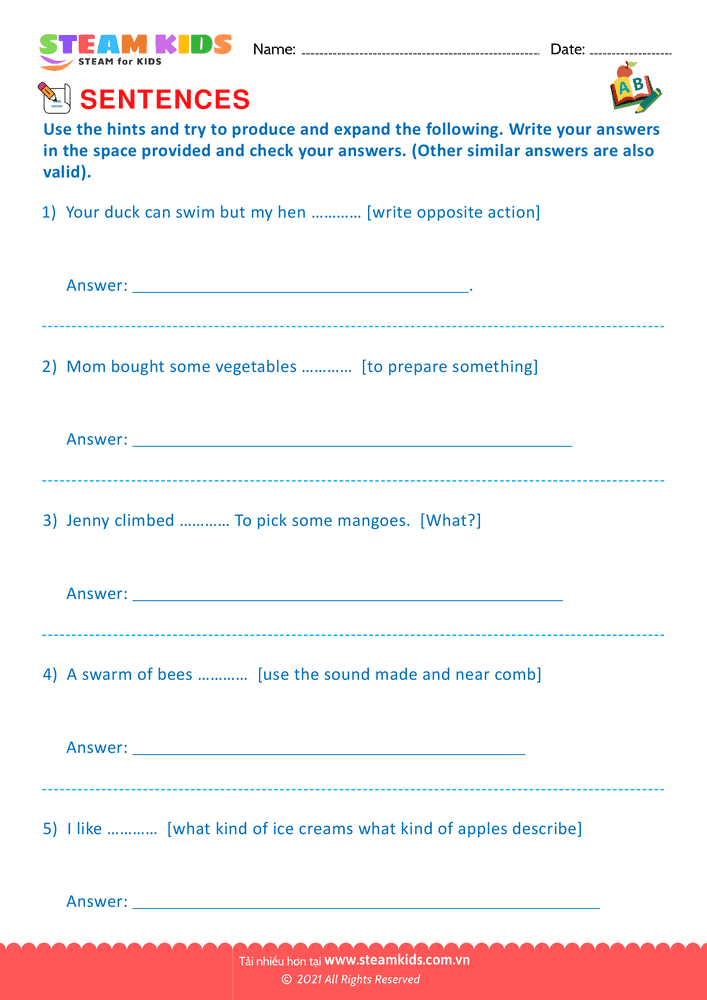 Bài tập tiếng anh - Produce and expand sentences - B2