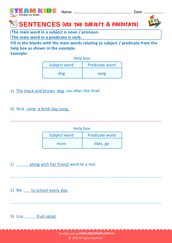 Bài tập tiếng anh - Use the subject & predicate - B1
