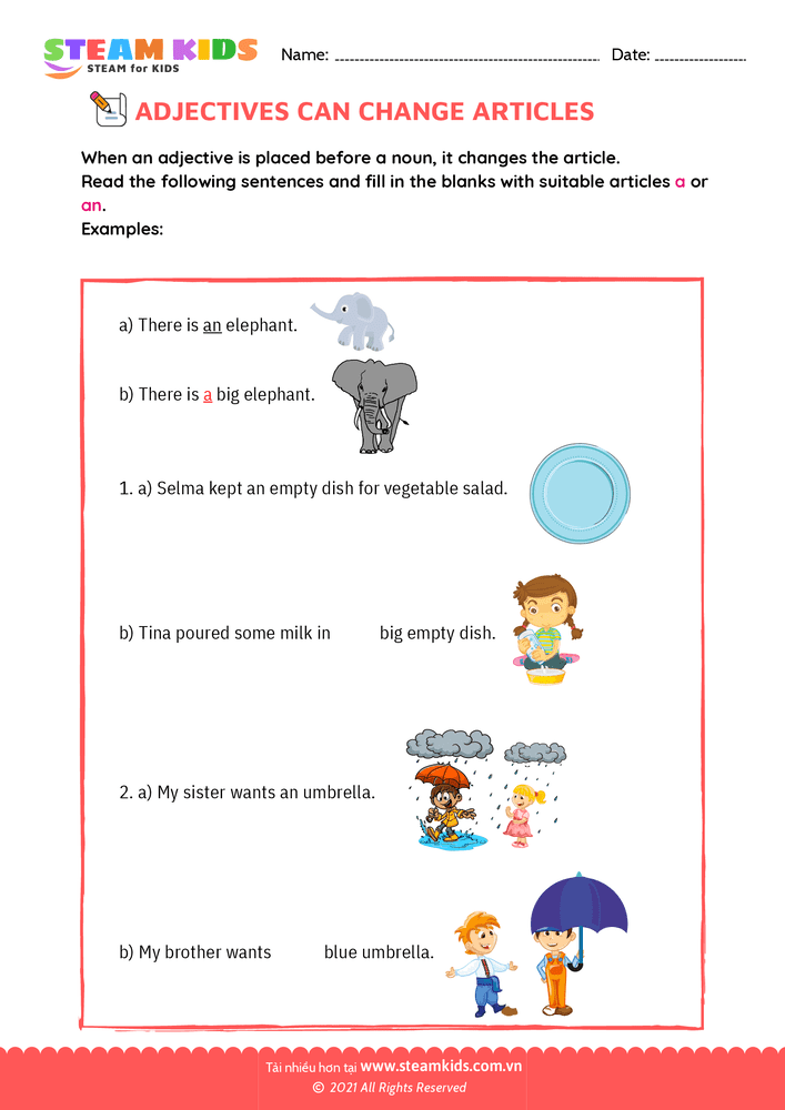 Bài tập tiếng anh - Adjectives change articles - B1