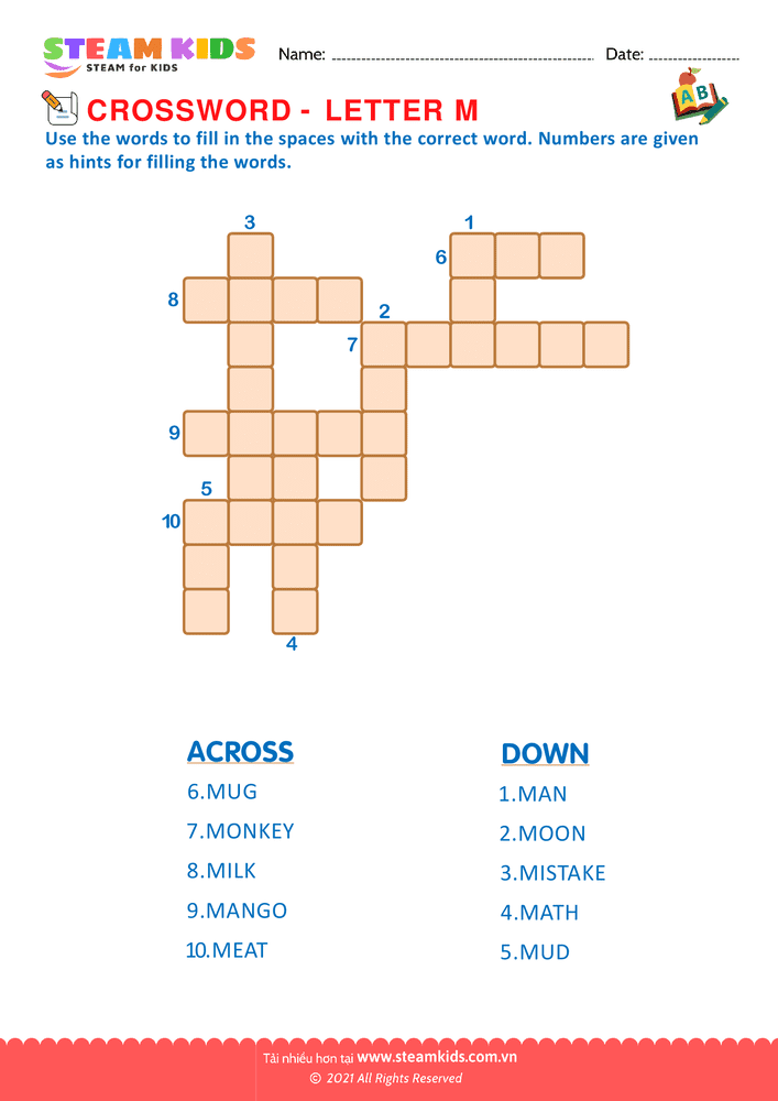 Bài tập tiếng anh - Crosswords with m