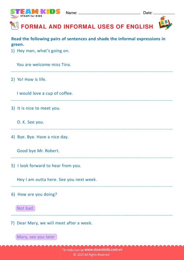 Bài tập tiếng anh - Formal & Informal  - B1