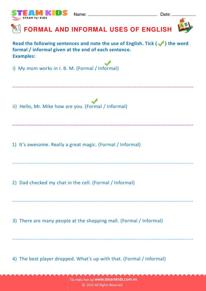 Bài tập tiếng anh - Formal & Informal  - B6