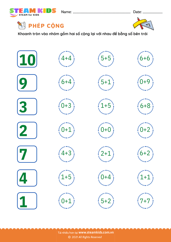 Bài tập Toán tư duy - Cộng phạm vi 10 - B15