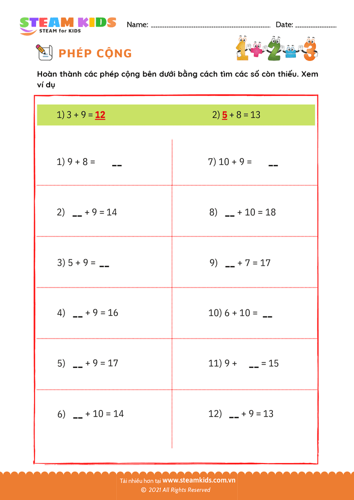 Bài tập Toán tư duy - Cộng phạm vi 20 - B1