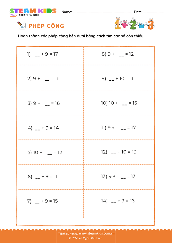 Bài tập Toán tư duy - Cộng phạm vi 20 - B2