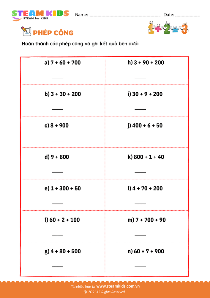 Bài tập Toán tư duy - Hoàn thành phép cộng - B5