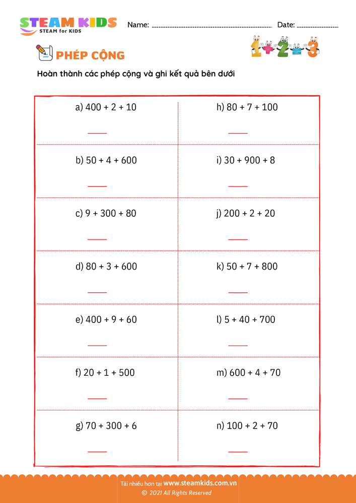 Bài tập Toán tư duy - Hoàn thành phép cộng - B21